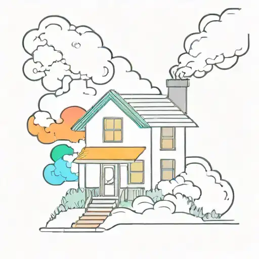 Black-and-white House With Smoke Coming Out Of The Chimney With The Rainbow Colors