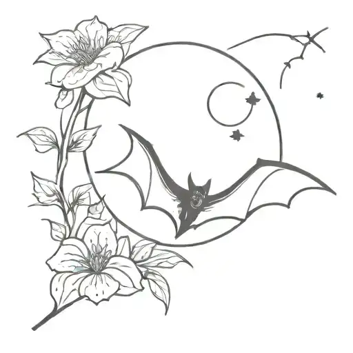 Bat With Moon And Flowers Growing