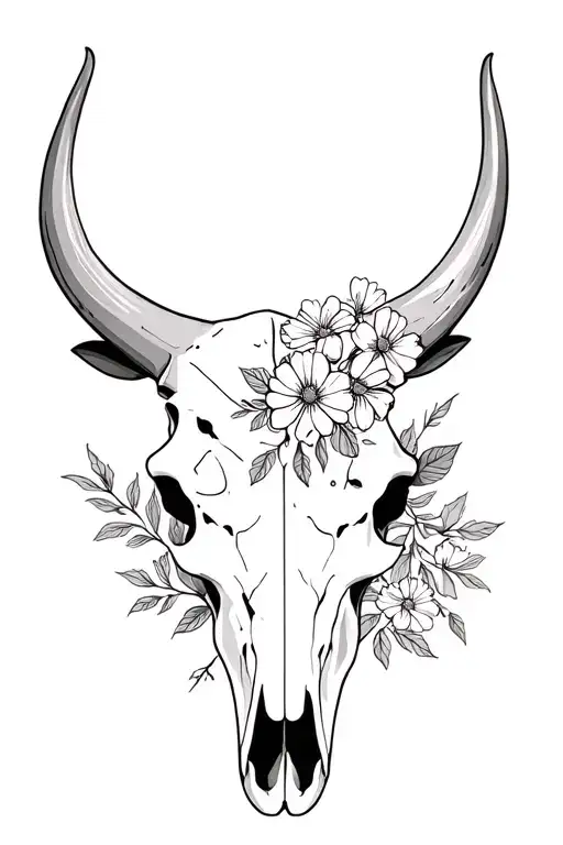 Bull Skull With Wild Flowers Intertwined