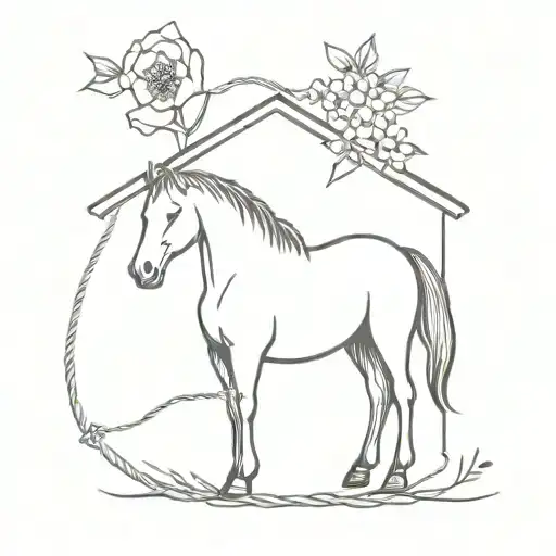 Barn Rope And Flowers Growing And A Horse