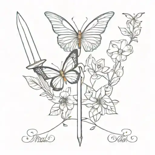 Small Fineline Tattoo With Dagger And Butterflies