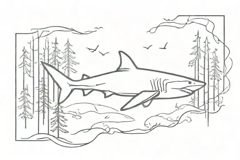 A Minimalist Design Of A Shark Swimming Through A Forest Of Trees