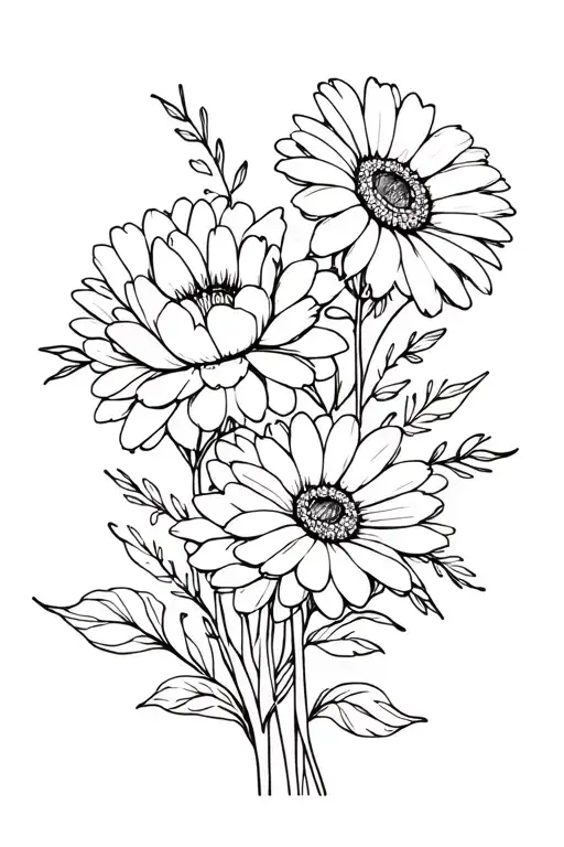 Daisy And Peony Flower Intertwined Bouquet With Stems And Decor