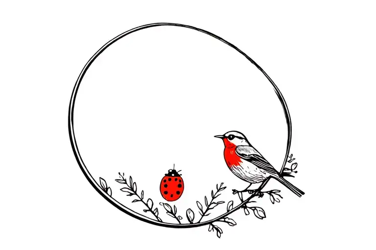 Robin Bird Looking In A Mirror Reflecting A Ladybug