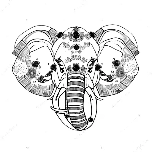 Elephant Head With Sapphire Surrounded By Flowers