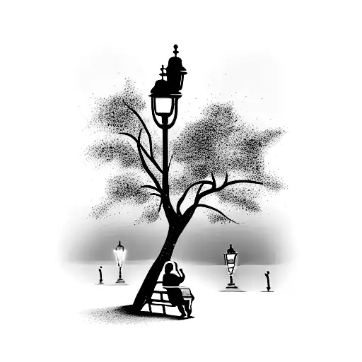 Park Bench With Lamppost Woman Sitting On Bench With Four Kids