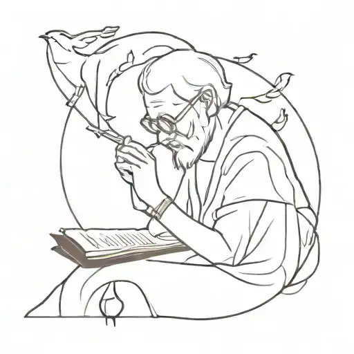 A Sketch Tattoo Of A Philosopher Reading A Book With Animal Motifs Around Them