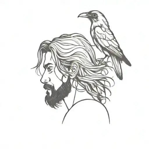 Dark Long Haired Man With A Raven On His Shoulders