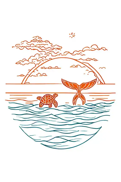 Sunset With Two Turtles And A Whale Tail