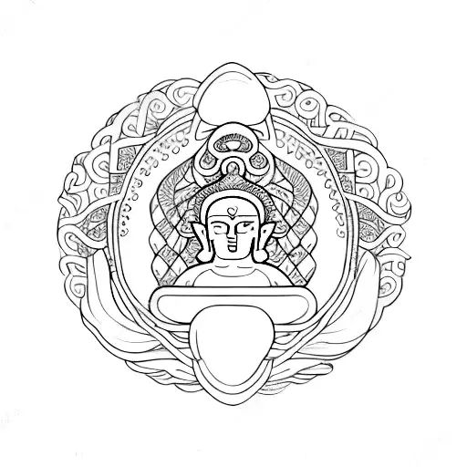 A Simple Budda Sitting Inside Of A Ouroboros With Yggdrasil Behind It