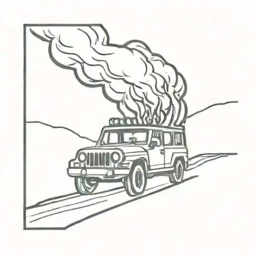 Jeep On Fire On Road 299 With Trafic Behind