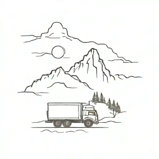 A Lorry Truck With A Mountain Behind It And A Man Hiking The Mountain
