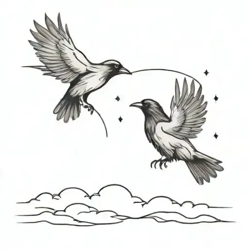 Two Adult Crows Watching Their Baby Crow Fly Up To Heaven