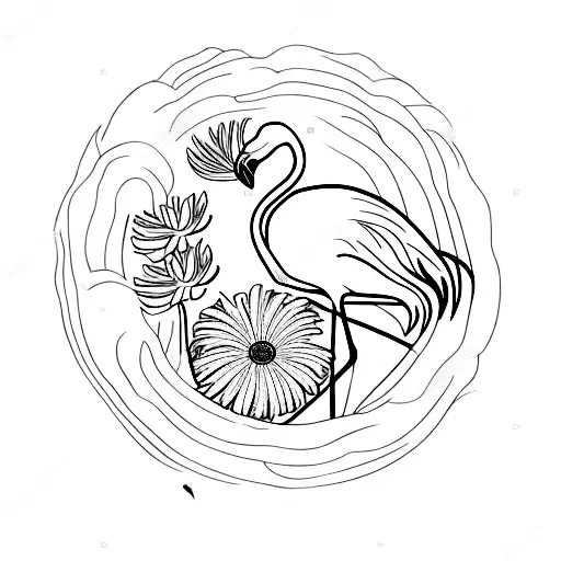 Flamingo With Aster And Morning Glory Flowers