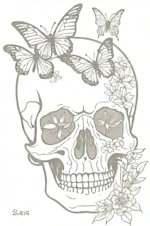 Skull With Butterfly And Wild Flowers