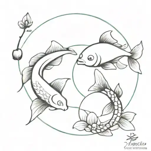 Pisces Fish Ying Yang Koi Fish Cherry Blossom Flowers