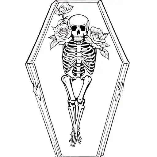 Skeleton In Coffin With Roses Intertwined