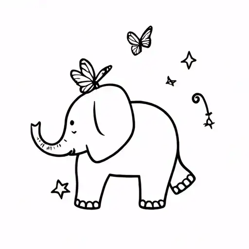 Baby Elephant With Butterfly On Trunk And Two Stars Above