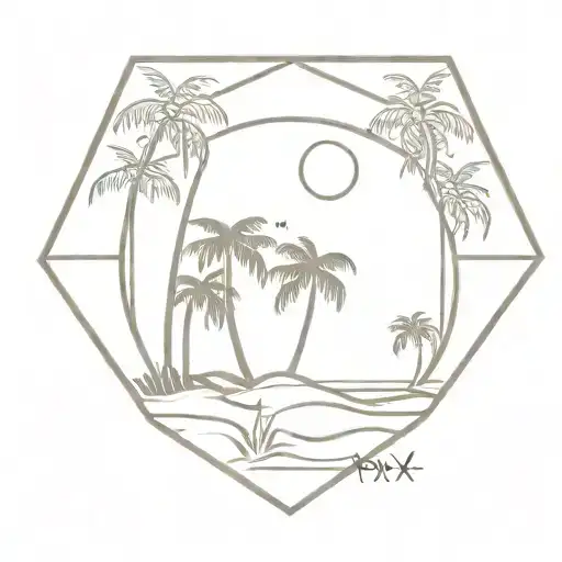 Beach Scene Featuring Palm Trees And Subset Inside A Hexagon