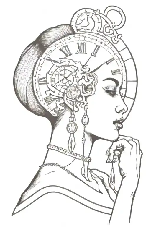 A Woman With A Clock On Her Head Tattoo Holding