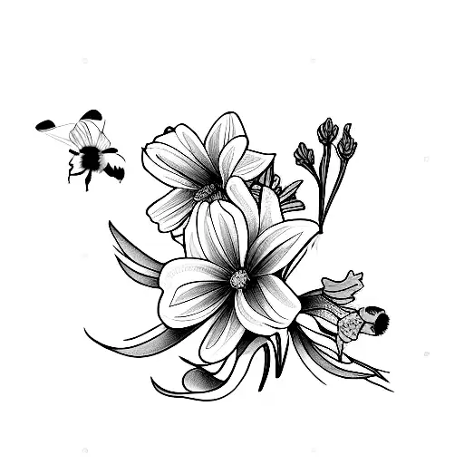 Lily And Daffodil Flowers With A Bumblebee Flying