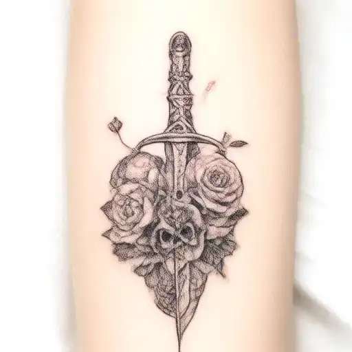 Celtic Knot With Sword Piercing With Skulls And Roses