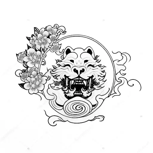 Foo Dog With Cherry Blossom And Wave