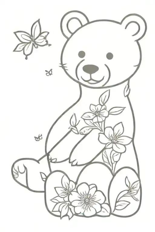 Bear And Flowers And Butterfly's