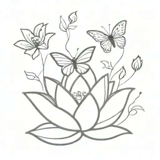 Lotus Flower And 3 Butterflies