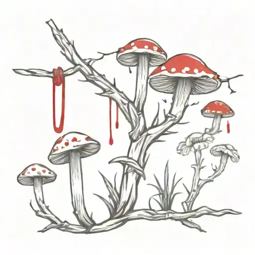 Broken Barbed Wire With Blood Dripping And Finally Morhing Into Canabis Flower And Mushrooms