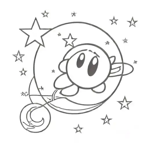 Kirby Flying On A Starst In The Universe With Also Stars And A Moon In The Background