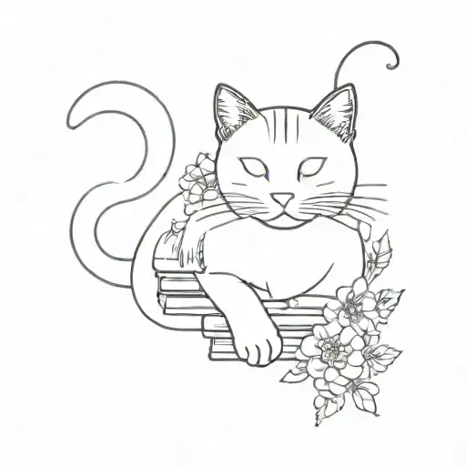 Cat And Books Surrounded By Florals Forming The Shape