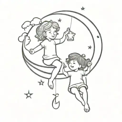 2 Children Swinging From Crescent Moon