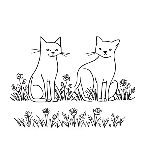 Cat And Dog Standing Side By Side On Flowers And Grass
