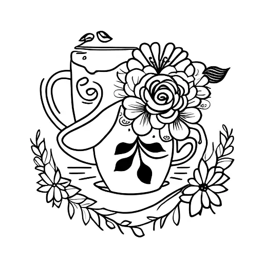 A Minimalist Tattoo Of A Coffee Cup Surrounded By Flowers
