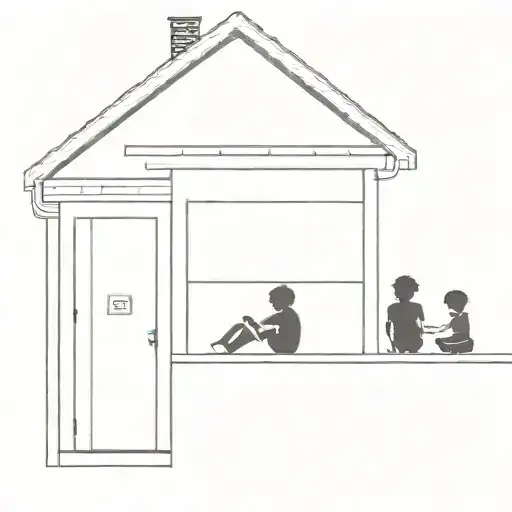 Fine Line Black Tattoo Of A Garage Door Silhouette With The Silhouette Of Two Children Sitting And