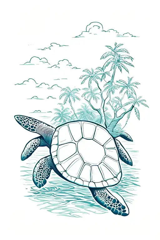 Sea Turtle With Jungle In The Background And Trees