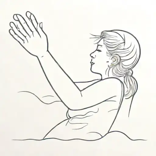 A Girl Floating On Water With A Hand Reaching The Sky
