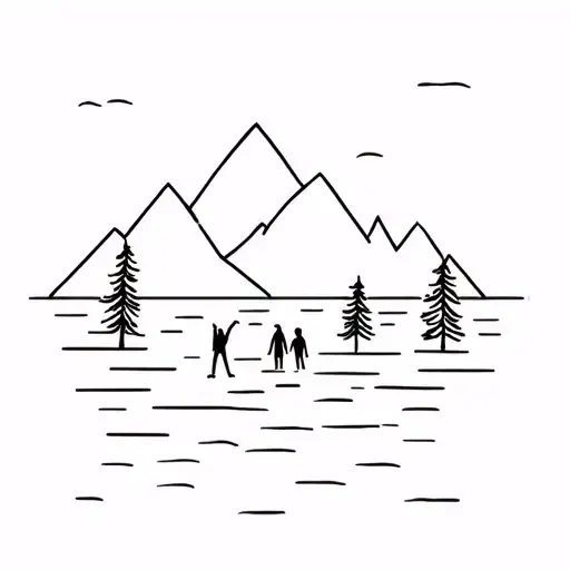 Mountains And Trees And Water With 3 Stick Figures