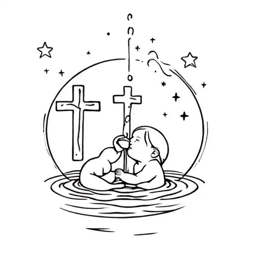 Baby Pouring Water With A Christian Cross With Stars
