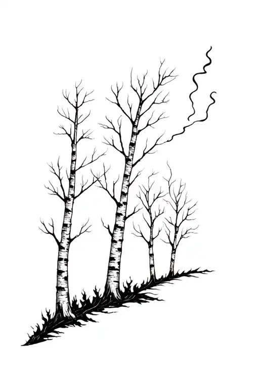 Three White Birch Tree Fire And Smoke
