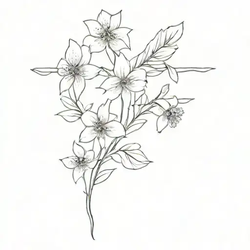 Fine Line Tattoo Of A Cross That Turns Into An Upside Down Bouquet Of Flowers