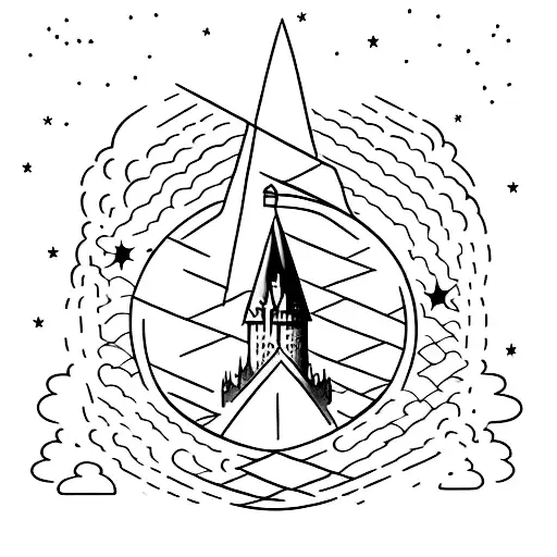 A Minimalist Tattoo Of The Hogwarts Castle Silhouette With Stars In The Background