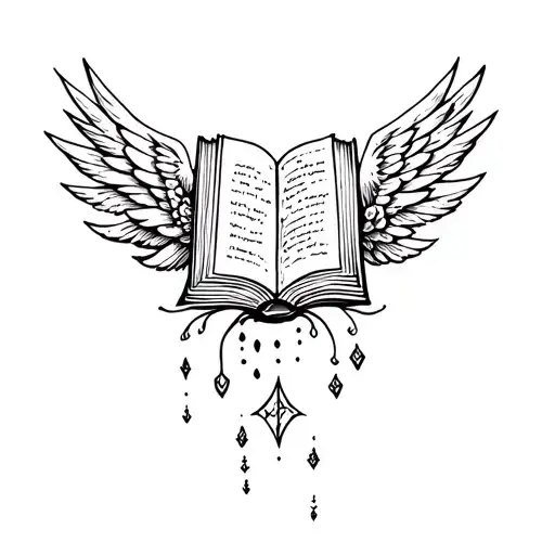 Small Tattoo Of Books With Elements From Nature With Mythical Wings