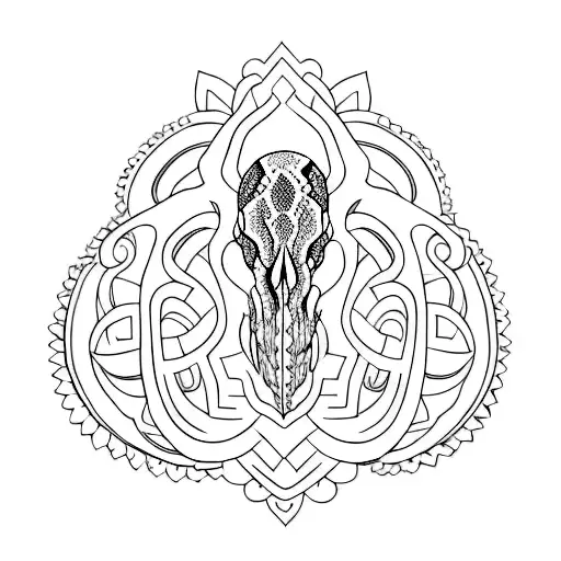 A Minimalist Tattoo Of A Snake Skull Surrounded By Intricate Patterns Inspired By Nature