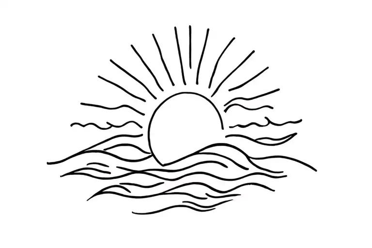 Waves And Sun Tattoo On One Line