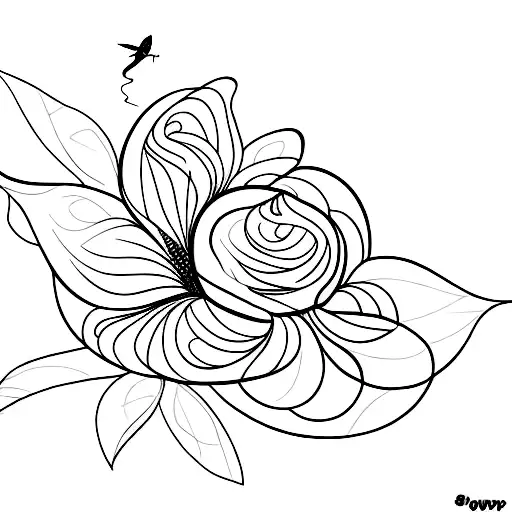 Linework Hummingbird With A Flower With A Long Stem