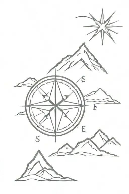 Compass With Mountains And Bid Dipper And Sun