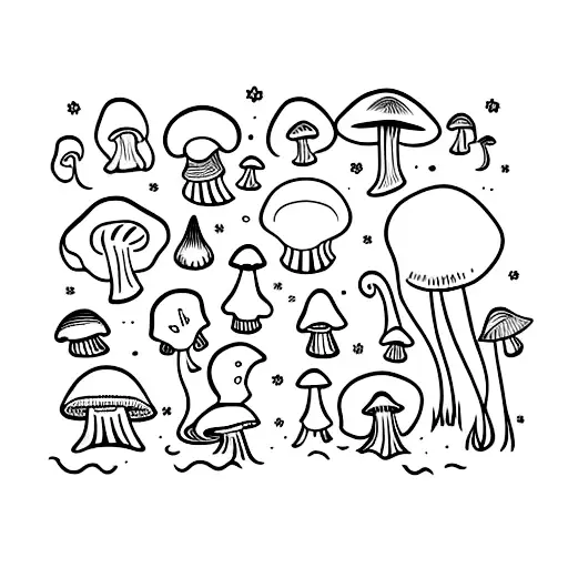 A Collection Of Different Mushrooms Arranged In A Whimsical Pattern
