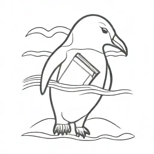 A Minimalist Tattoo Of A Penguin Holding A Book With Waves In The Background